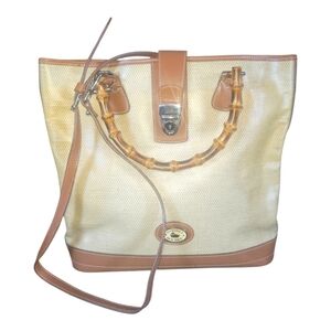 Dooney & Burke 70's Vintage Panama Collection Bamboo Handle Tan and Cream Bag